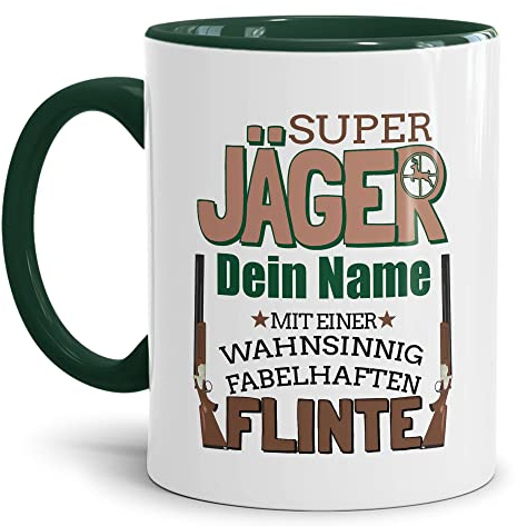 Tassendruck Tasse selbst gestalten - mit Name Personalisieren - mit Spruch - Super Jäger mit Flinte - Geschenkidee für Jäger, Jagd, Waidmann | Innen & Henkel Dunkelgrün, 300ml