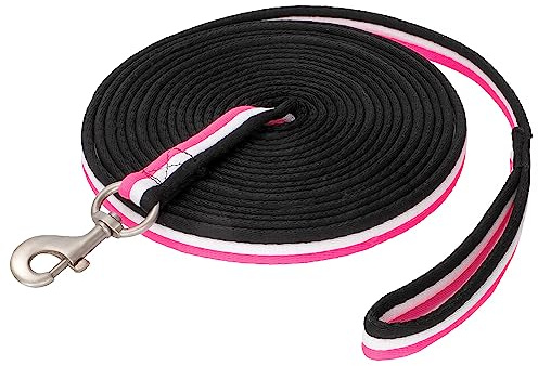 Start Longe Cheval 8 m en Nylon Durable avec dragonne antidérapante + Mousqueton Solide – Contrôle Total & Confort pour Dressage et Travail au Sol (Rose Fluo/Blanc/Noir)