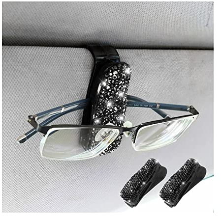 CGEAMDY Brillenhalter für Auto, 2 Stück Brillenhalter für Auto aus Strass, Clips für Sonnenblende für Auto, Sonnenblende für Brillen, Karten (schwarz)