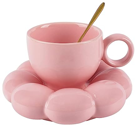 Jiotouhu Ensemble de tasses à café en céramique avec cuillère, tasse créative mignonne avec sous-verre nuage de tournesol, tasse à thé de l'après-midi, tasses à café et soucoupe(rose)