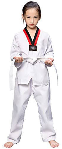 L SERVER Kimono Karate Niño Cómodo Profesional Kimono Judo Chica Cuello en V Traje de Taekwondo con Cinturón, Blanco A., 8-9 años