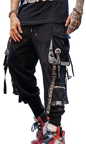 Hello MrLin Jogginghose für Herren, Punk, Cargohose, Baggy, Techwear, Hip-Hop, Haremshose, Streetwear, taktische Trainingshose, Schwarz / Grau, Klein