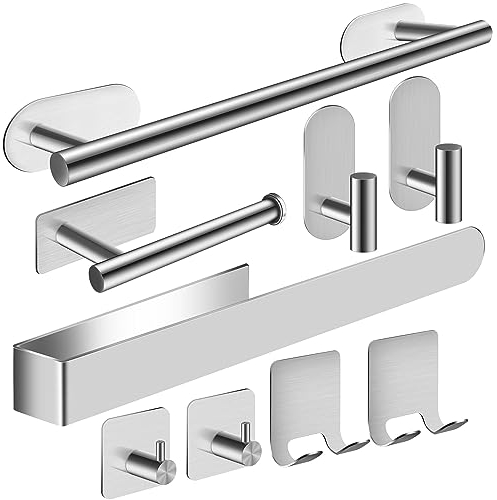Toalleros de Baño Sin Taladro, 9PCS Accesorios Baño Toalleros de Baño, Toallero Adhesivo de Acero Inoxidable SUS304, Kit Accesorios para Baño con Toallero Baño Portarrollos Papel Higienico