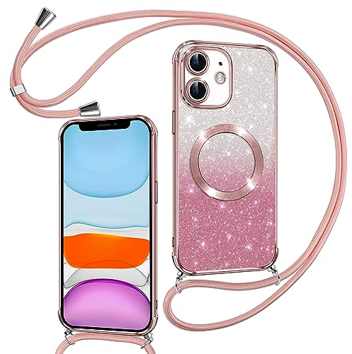 Phoona Couqe Magnétique pour iPhone 11 Con Cordon, Compatible avec MagSafe, Brillant Glitter Pailleté Antichoc Durable Résistante Etui Housse pour iPhone 11 Anti-Poussière Soft TPU Bumper, Rose