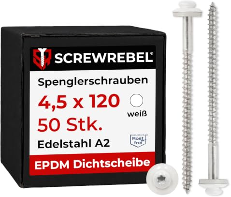 Spenglerschrauben Edelstahl A2 mit EPDM-Dichtscheibe 15 mm - 4,5 x 120 mm - weiß RAL 9010 TX20, 50 Stück
