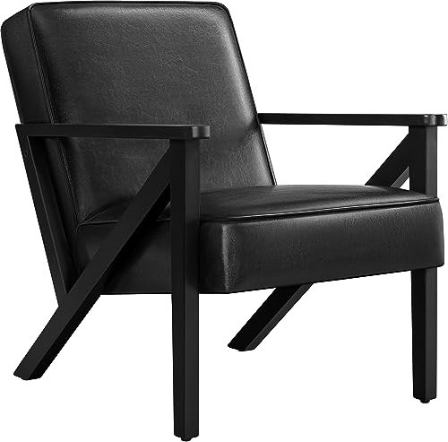 Yaheetech Fauteuil de Salon en Similicuir Fauteuil d’appoint avec Cadre en Bois Pieds et Accoudoirs en Forme de Z Siège de Bureau Chambre Réception Noir
