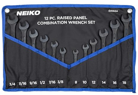 NEIKO 03582A Ringmaulschlüssel-Set, 12-teilig, erhöhte Platte, metrisch und Standard, schwarzer Oxid, gesenkgeschmiedeter Karbonstahl, mechanischer Gabelschlüssel-Set, kleines Ringschlüssel-Set SAE &