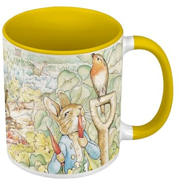 Mug de Couleur Qualité Premium Jaune - Petter Rabbit Pierre Lapin Jardin Illustration Enfant Beatrice Potter - Tasse avec anse et intérieur de couleur