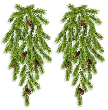 2 Stück Künstliche Tannenzweige Lang 74CM Kunstpflanzen Hängend, Kunst Tannenzweige Künstlich wie Echt Groß Künstliche Kiefernzweige Hängepflanzen Kiefernzweig Weihnachtszweige Zweige Deko Weihnachten