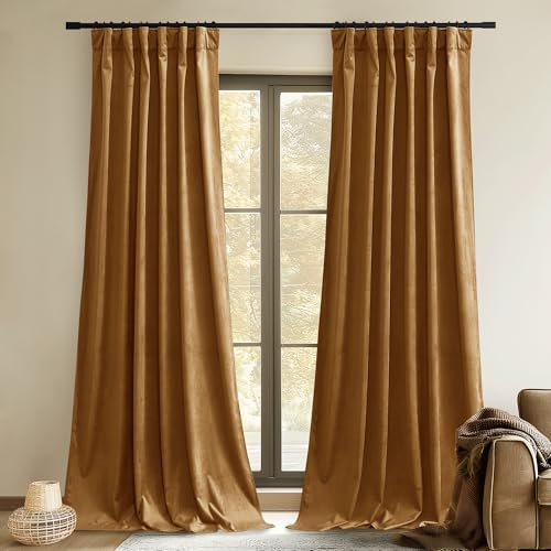 StangH Mustard Gold Curtains Velvet 96 inches Luxury Soft Blackout Heat & Chill Insulated Drapes for Sliding Door Living Room/Backdrops, W52 x L96 inches, 2 Panels