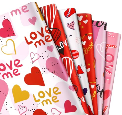 12st Valentinstag Geschenkpapier, 6 Stile Rot Rosa Liebes Herz Geschenkpapier Süße Valentinsgrüße Geschenkpapier Recycelbar für Jahrestag Hochzeit Geburtstag Babyparty Geschenkverpackung