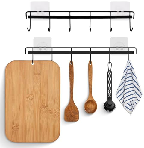 Qinsky Kitchen Utensil Hangers with 6 Hooks,2pcs Wall Mount Utensil Rail Rack Space Saving Wall Utensil Hooks No Drilling Wall Hangers for Kitchen Bathroom Livingroom(Black)