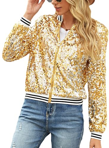 Naimo Damen Glitzer Pailletten Jacke Langarm Offen Reißverschluss Blazer Sparkle Party Festival Metallic Bomberjacke