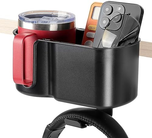 KEMIMOTO Desk Cup Holder with Headphone Hanger, 2 in 1 Caddy Organizer for Office Table, Lawn Chair, Golf Cart, Pontoon Boat, Fit for Most 18-32 oz Bottles (2)