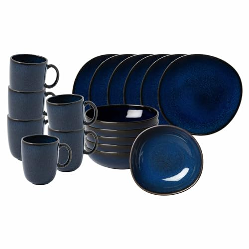 like. by Villeroy & Boch - Lave Bleu Frühstücks-Set 18-teilig, Kaffeebecher (400 ml) - Müslischalen (600 ml) - Frühstücksteller (23 cm) für 6 Personen, Steingut, Blau
