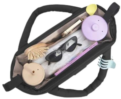 7AM Universelle Kinderwagen-Organizer-Tasche – leicht zu greifende Griffe oben, Kinderwagen-Caddy mit Getränkehalter, 3 offene Fächer, verstellbare Kinderwagengurte (Schwarz)