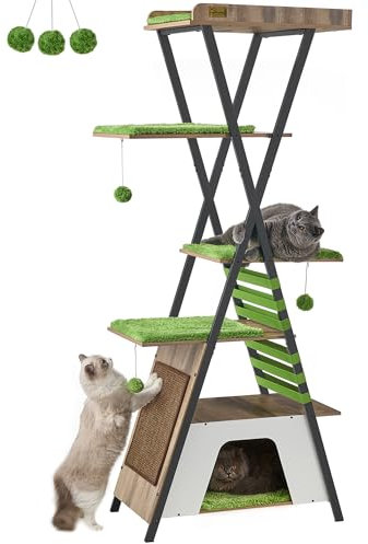 FourFurPets 184 cm Katzenbaum, moderner Katzenturm für drinnen, mehrstöckiges Katzenhaus mit Höhlen, hoher Katzenbaum mit Kratzbrett, hölzerner Katzenturm mit großer Plattform, Greige
