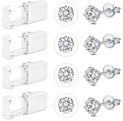 NIUSIMAN 4 Stück Piercing Pistole,Ohrpiercing pistole Set mit Stehbolzen,weißes Einweg Ohr Piercing Pistole mit Klaue CZ Stud Selbst Ohr Piercer Kit Hause/Business Customer (5MM Ohrringe Stud)