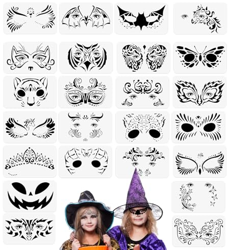24 Stück Wiederverwendbare Schablonen für Kinder Erwachsene, Tattoo-Schablonen für Gesicht und Körper, Kreativität Tattoo Schablone für Halloween Schminke Partys-20 * 12cm