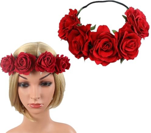 1 Pcs Rose Flower Crown Floral Headbands Red Fake Rose Flower Crown Elastic Headband Hair Garland Wedding Headpieces Hair Accessories For Women Halloween Cosplay Costume Party