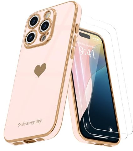Teageo Custodia per iPhone 16 Pro Max con pellicola protettiva [2 pezzi] ragazza donna carina ragazza ragazza cuore amore lusso oro custodia morbida protezione fotocamera antiurto custodia per iPhone
