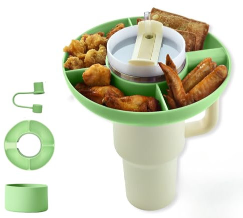 Snack Tray for Stanley Cup 40oz | 4 Silicon Compartments Tray Stanleys Accessories kit, Bottom Grip & Straw Cover Caps, Fits 40 oz Quencher H2.0 Cup - Stanley Compatible Snack Bowl (Green)