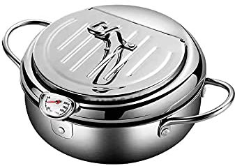 Poêle À Frire en Acier Inoxydable, Gabarits De Friture De Frire en Profondeur Japonais Tempura Friteuse avec Thermomètre Et Support De Filtre À Huile,Argent,20cm