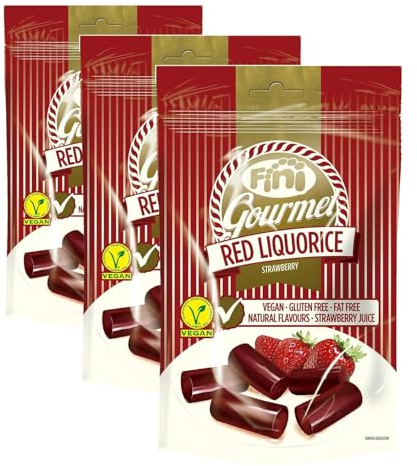Fini Regaliz Fresa Gourmet | Red Liquorice Vegano, Sin Gluten - 180 gr (Paquete de 3)