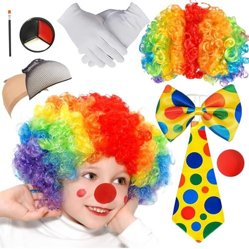 YKHSUAOU 9 Stück Clown Kostüm Accessoire Set Clown Lockenperücke Afro Perücke Clown Regenbogen Perücke+ Clownsnase + Bunte Krawatte + Handschuhe + Face Paint,für Cosplay Party Karneval Fasching
