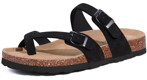 Litfun Women's Suede Cork Footbed Sandals with Adjustable Buckle | Moderate Arch Support Footbed, Soft Leather Lining, Non-slip Outsole, Genuine Suede
