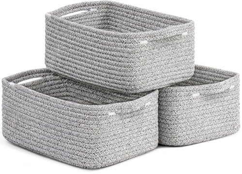 Storage Baskets, Small Shelf Baskets for Organizing, Baby Toy Storage for Gifting, Woven Rope Basket for Nursery Organization 3 Pack, White & Gray, 28 x 18 x 11 cm