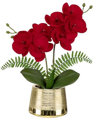 Oairse Fiori di Orchidea Artificiali Rossi Fiore Artificiale in Vasi di Ceramica Argentata Tocco Realistico Seta Phalaenopsis Orchidee Finte Pianta per Casa Ufficio Cucina Bagno Camera da Letto