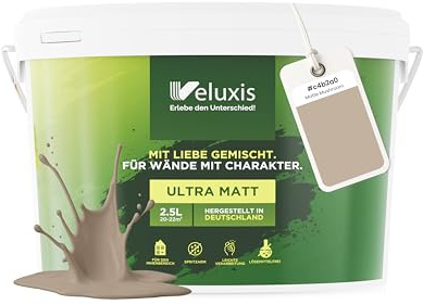 Veluxis Wandfarbe Beige Braun Creme matt 2,5 L – Matte Mushroom | Innenfarbe mit Deckkraft Klasse 1, VOC-frei, ohne Grundierung, tropfarm, für Wohnzimmer und Schlafzimmer