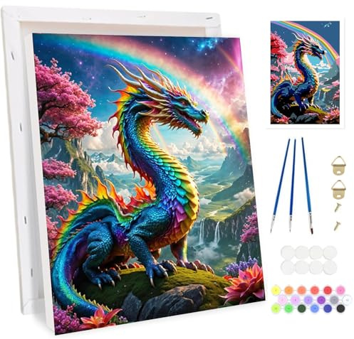 Bowetile Drache Malen nach Zahlen für Erwachsene mit Rahmen, Tiere Malen nach Zahlen Set für Anfänger Leinwand Kit,Gemäide Bastelset auf Leinwand mit Pinseln und Acrylpigment für Home Decor 20x30cm