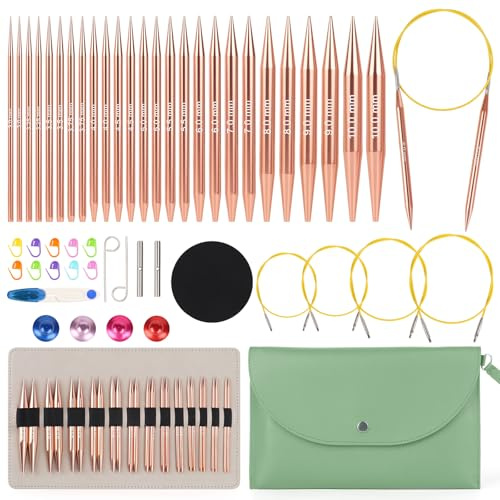 Aeelike 13 paires Aiguilles Circulaires Interchangeables, Vert | Aluminium Aiguilles Circulaires Tricot (3,0mm-10,0mm), Kit Aiguille Circulaire acve Câbles (40/60/80/100 cm) pour Débutants