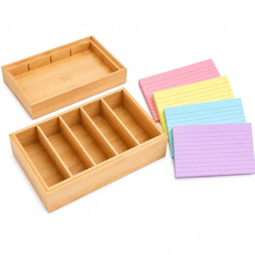 A8 Karteikasten mit 200 Karteikarten, Holz Lernbox mit Deckel und 4 herausnehmbaren Trennwänden, Vokabelbox für Schule, Studium, Büro und Zuhause