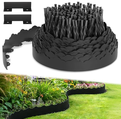 10M Rasenkante Kunststoff, 7cm Flexible Beeteinfassung mit 60 Stück Befestigungsnägel und 2 Steckverbinder, Rasenkantensteine Schwarz für Garten Wege Dekoration (7cm x 10M)