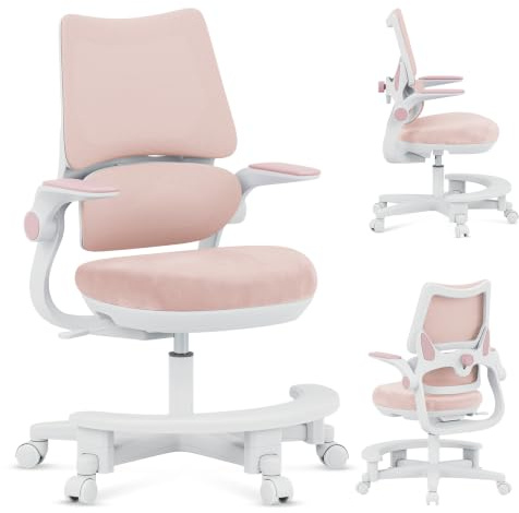 TULANO Junior 5.7 Kinderstuhl ergonomisch – Schreibtischstuhl für Kinder | mit verstellbarer Sitzhöhe und Sitztiefe – Lendenwirbelstütze und klappbare Armlehnen – Drehstuhl mit Fußstütze – Rose