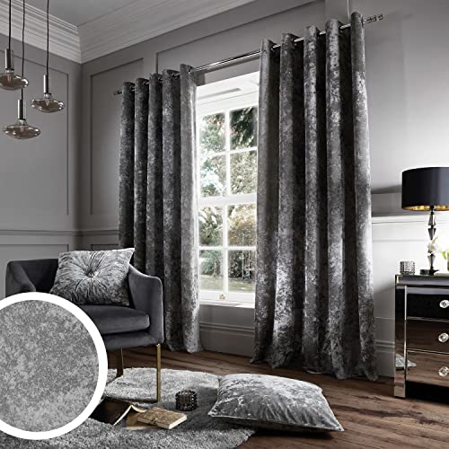 Catherine Lansfield Vorhang aus gecrashtem Samt mit Ösenaufhängung, Polyester, Silber, 152,4 cm x 228,60 cm