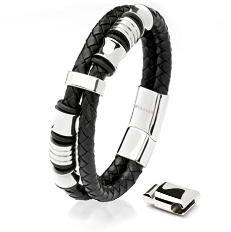 SERASAR Herren Armband 17cm Silber Männer-Armband Leder-Armreif Herren-Lederband Herrenarmreif Armschmuck Leder-Schmuck Herrenschmuck Armkette Flecht-Armband Leder-Wickelarmband Armbändchen Bracelet