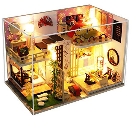 Casa delle bambole fai da te con mobili LED luce antipolvere kit miniatura giapponese tatami loft room assemblaggio in legno modello di costruzione puzzle giocattolo regalo per bambini