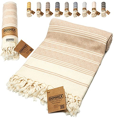 DEMMEX Strandtuch, Badetuch, 100% zertifizierte türkische Bio-Baumwolle, Pestemal, Hamamtuch, Saunatuch, Stranddecke, übergroß schnell trocknend sandfrei kompakt – vorgewaschen, 180x90cm, Beige