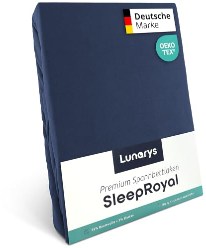 Lunarys® SleepRoyal Luxus Spannbettlaken 180x200cm - Dunkelblau - 250 g/m² Premium Bettlaken - 40 cm Steghöhe für hohe Matratzen, Boxspringbett & Matratze + Topper & Wasserbett - Stretch Jersey