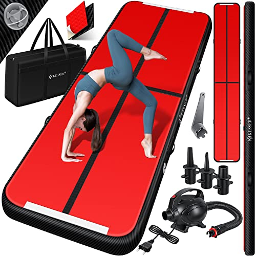 KESSER® Turnmatte Aufblasbar Airtrack Fitness-Matte Gymnastikmatte | inkl. Tragetasche & elektr. Luftpumpe | Yogamatte, Tumbling Matten, Trainingsmatte (Schwarz-Rot-Carbon, 600 x 100 x 10 cm)