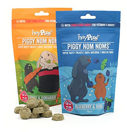 HayPigs Piggy Nom Noms Variety 2 x 70g Natural Guinea Pig Treats with Guinea Pig Vitamin C - Perfect for Rabbit Treats with 1 x Blueberry and Basil and 1 x Carrot & Coriander