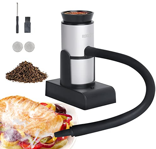 BORUIT Smoke Gun, Portable Fumeurs Cocktail Fumé Rempli de Copeaux de Bois, Nourriture Cuisine Viande Smoker Saumon Cocktail Fromage Barbecue, Parfait Cadeau Gourmand - White