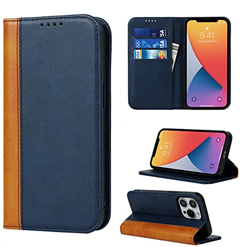 Copmob iPhone 13 Pro Case,Flip Leather Wallet Case,[3 Card Slots][Stand Holder][Magnetic closure],Leather Phone Cover Case for iPhone 13 Pro - Blue+Yellow