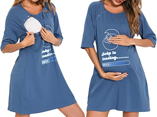 Vlazom Camison Lactancia Hospital para Mujer, Premamá Camison Lactancia de Algodón, Camisón de Labor de Manga 3/4 para Hospital/Hoga(Azul,XL)