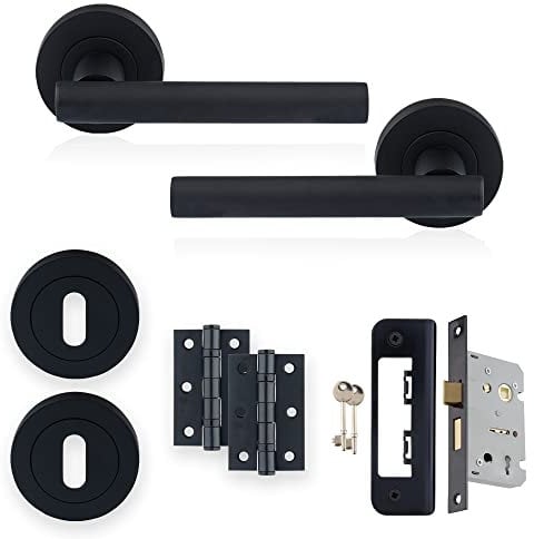 XFORT: Lot de serrures à levier sur rosace Liberty noires mates, set complet avec poignées de porte T-Bar, serrure 65mm charnières à roulement à billes 75mm et caches serrure, pour les portes en bois.
