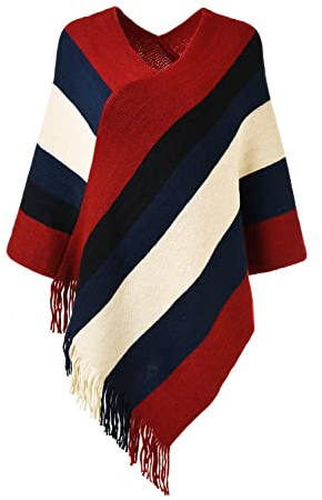 Ferand - Pullover Poncho Maglione da Donna con Frangia - Lavorato a Maglia, Mantella, Righe Grandi, Coprispalle Elegante - Taglia Unica - Rosso Nero